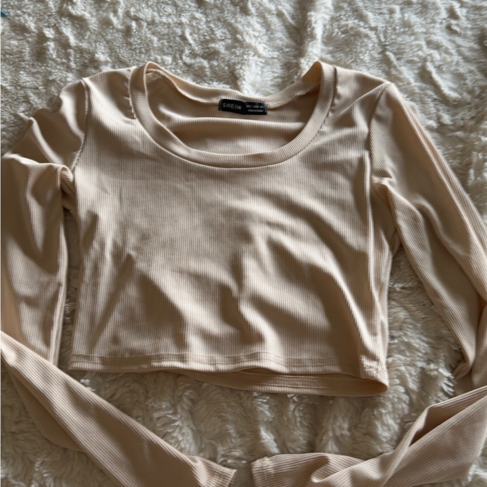 SHEIN Tan Long Sleeve Fitted Crop Blouse